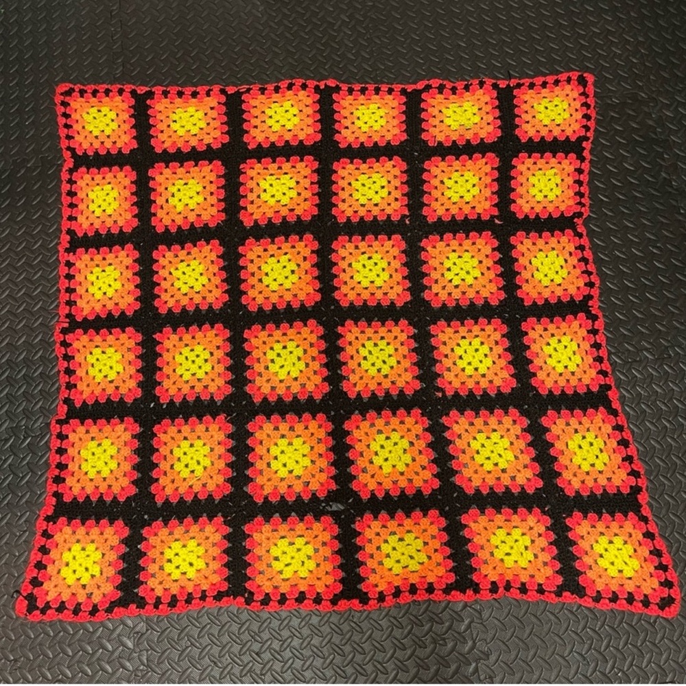 Vintage Handmade Crotchet afghan grannie square blanket Bright Neon Multicolor